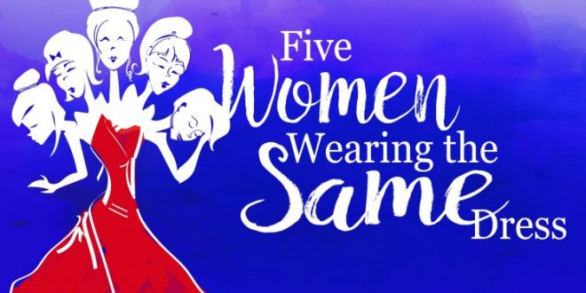 Five women wearing the same dress logo