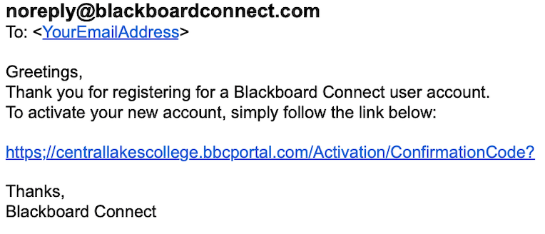 Greeting email message from Blackboard Connect.